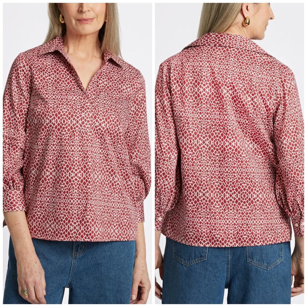 Foxcroft Frankie Abstract Snakeskin 3/4 Sleeve Popover Shirt Red White Sz Large